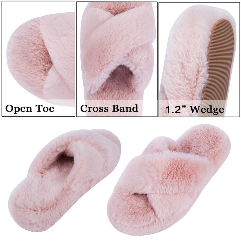 DL Fluffy Womens Slippers - Cross Band Open Toe, Soft Plush Fleece Bedroom Slippers with Memory Foam, Comfy Fuzzy Slip On Non-Slip Womens Indoor Pink Gray Black White - Image 3